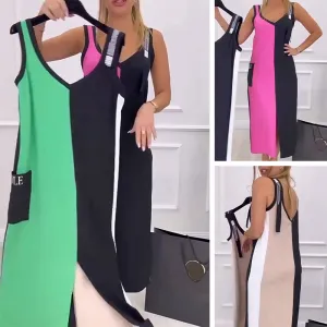 Spring Specials V-Neck Color Blocked Sleeveless Knit Dress