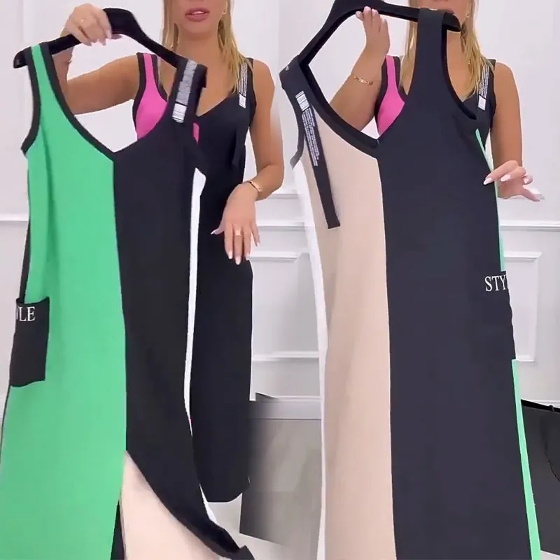 Spring Specials V-Neck Color Blocked Sleeveless Knit Dress