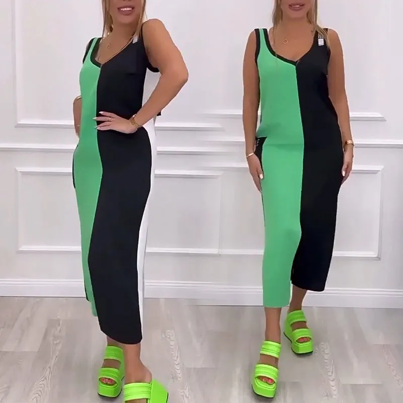 Spring Specials V-Neck Color Blocked Sleeveless Knit Dress