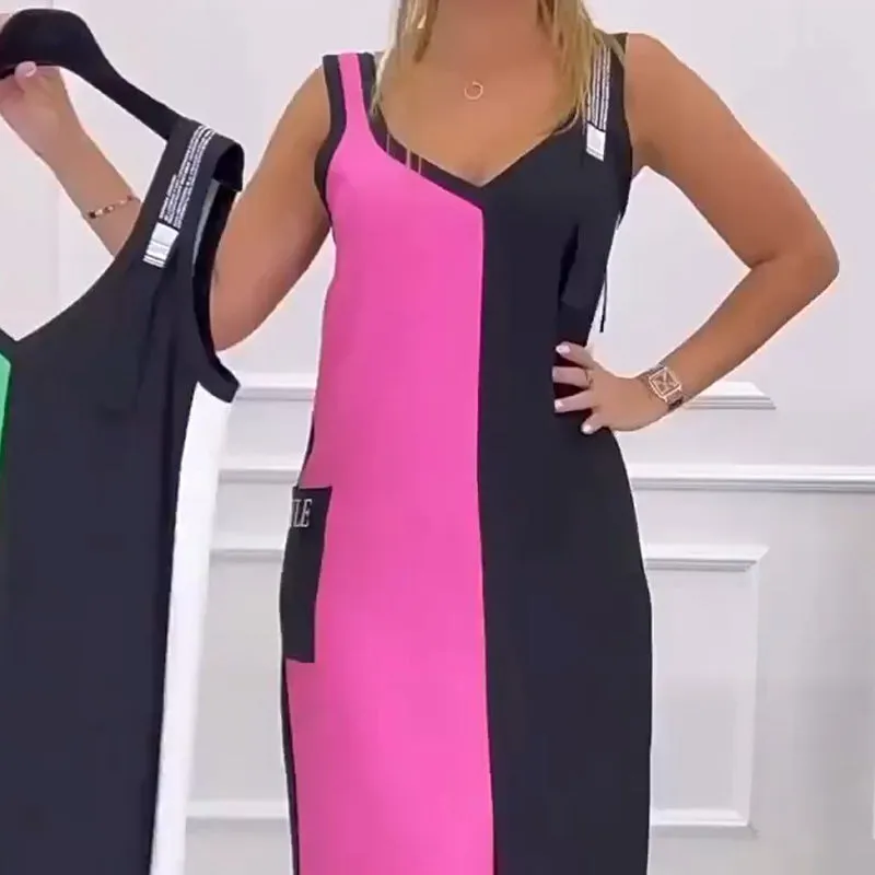 Spring Specials V-Neck Color Blocked Sleeveless Knit Dress