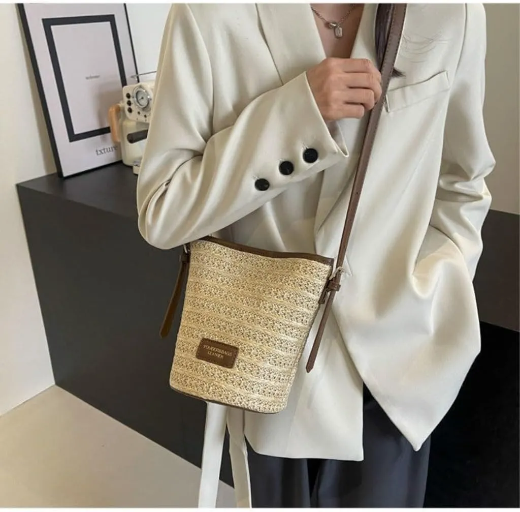 Straw Bag Straw Bucket Bag 2024 New Popular Versatile Crossbody Bag Korean Version Niche Small Bag Straw Beach Bag
