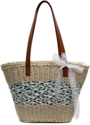 Summer Straw Tote & Bucket Bag Women Spacious Convertible Beach Commute Work Vacation Niche Bohemian Essentials