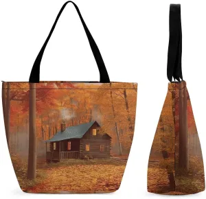 Tote Bags for Women Autumn Woods Cabin Versatile Shoulder Bag with Zipper Large Capacity Handbag Beach Bag Reusable Grocery Bag for Shopping Travel Commuting