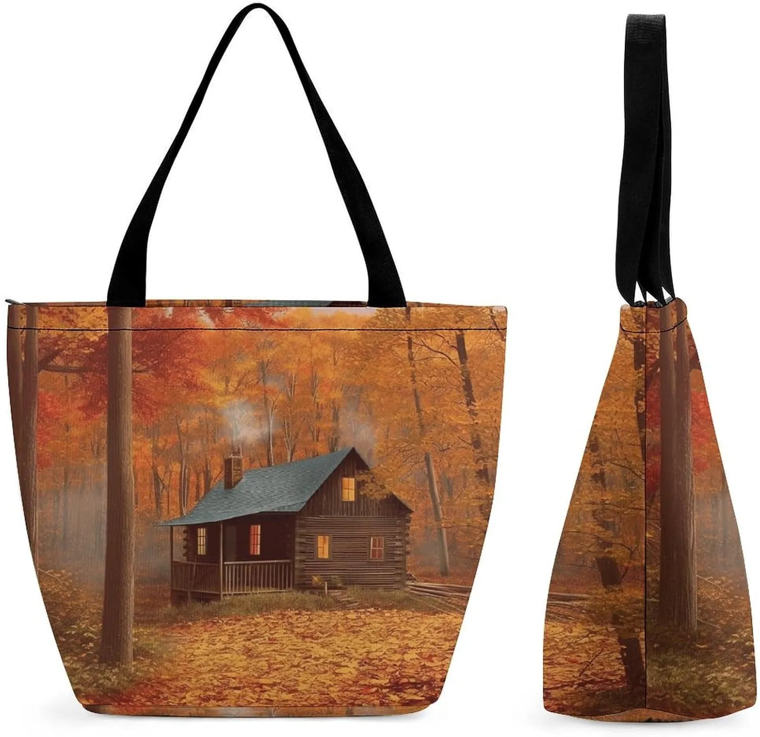 Tote Bags for Women Autumn Woods Cabin Versatile Shoulder Bag with Zipper Large Capacity Handbag Beach Bag Reusable Grocery Bag for Shopping Travel Commuting