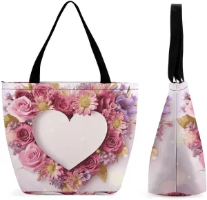 Tote Bags for Women Card Heart Shape Flowers Versatile Shoulder Bag with Zipper Large Capacity Handbag Beach Bag Reusable Grocery Bag for Shopping Travel Commuting
