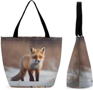 Tote Bags for Women Cute Fox Versatile Shoulder Bag with Zipper Large Capacity Handbag Beach Bag Reusable Grocery Bag for Shopping Travel Commuting