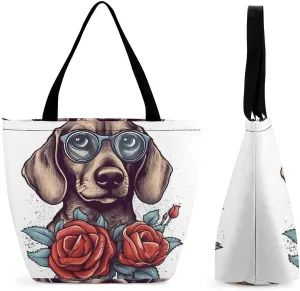 Tote Bags for Women Dog Wearing Glasses Versatile Shoulder Bag with Zipper Large Capacity Handbag Beach Bag Reusable Grocery Bag for Shopping Travel Commuting