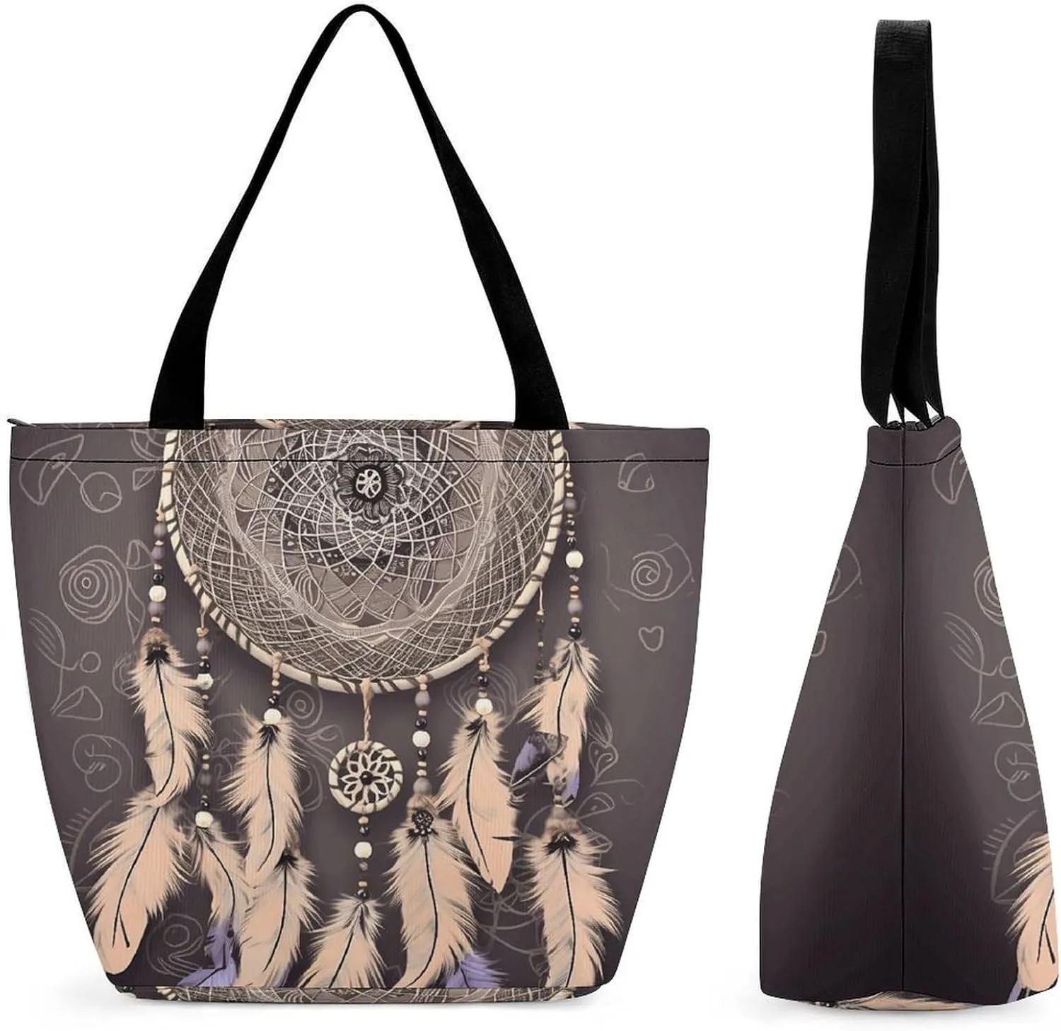 Tote Bags for Women Dream Catcher Versatile Shoulder Bag with Zipper Large Capacity Handbag Beach Bag Reusable Grocery Bag for Shopping Travel Commuting