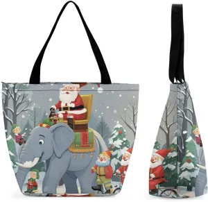 Tote Bags for Women Elephant Christmas Versatile Shoulder Bag with Zipper Large Capacity Handbag Beach Bag Reusable Grocery Bag for Shopping Travel Commuting