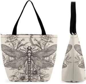 Tote Bags for Women Hand Drawn Floral Dragonfly Versatile Shoulder Bag with Zipper Large Capacity Handbag Beach Bag Reusable Grocery Bag for Shopping Travel Commuting