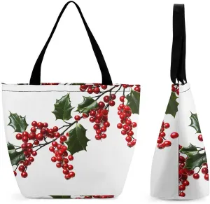 Tote Bags for Women Holly Berry Branches Versatile Shoulder Bag with Zipper Large Capacity Handbag Beach Bag Reusable Grocery Bag for Shopping Travel Commuting