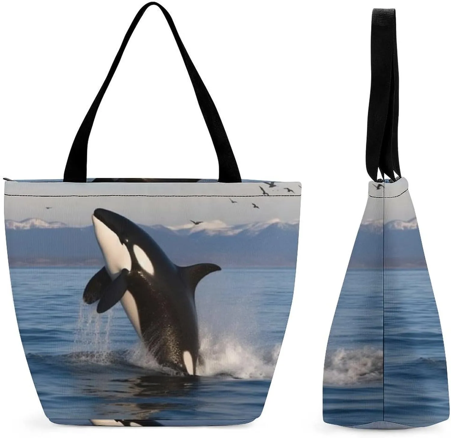 Tote Bags for Women Killer Whale Versatile Shoulder Bag with Zipper Large Capacity Handbag Beach Bag Reusable Grocery Bag for Shopping Travel Commuting