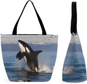 Tote Bags for Women Killer Whale Versatile Shoulder Bag with Zipper Large Capacity Handbag Beach Bag Reusable Grocery Bag for Shopping Travel Commuting