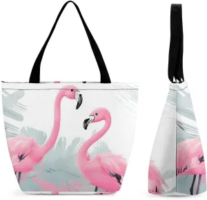 Tote Bags for Women Love Flamingo Versatile Shoulder Bag with Zipper Large Capacity Handbag Beach Bag Reusable Grocery Bag for Shopping Travel Commuting