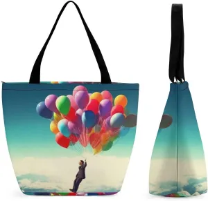 Tote Bags for Women Man Flying with Colorful Balloons Versatile Shoulder Bag with Zipper Large Capacity Handbag Beach Bag Reusable Grocery Bag for Shopping Travel Commuting