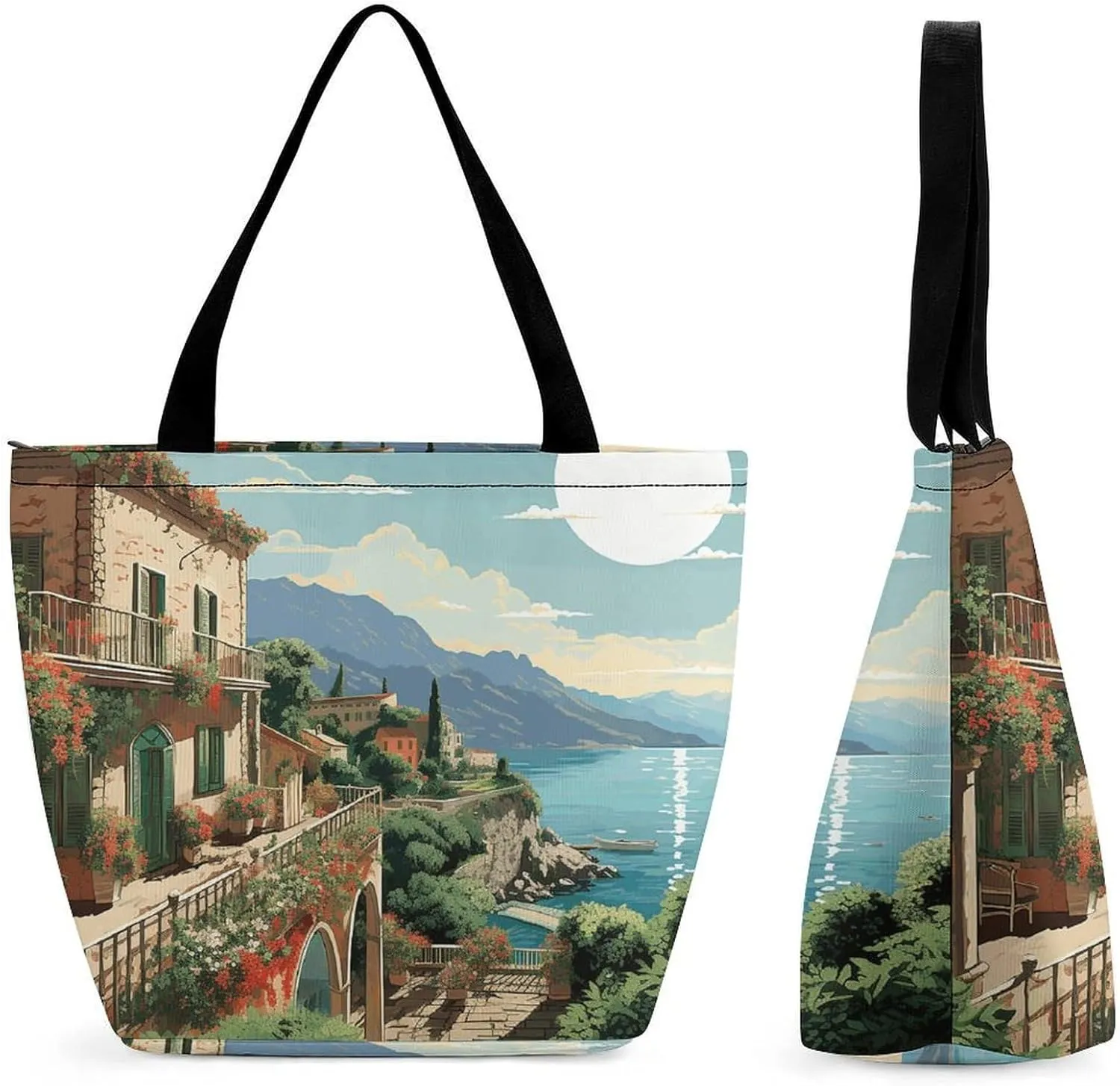Tote Bags for Women Mediterranean Summer Versatile Shoulder Bag with Zipper Large Capacity Handbag Beach Bag Reusable Grocery Bag for Shopping Travel Commuting