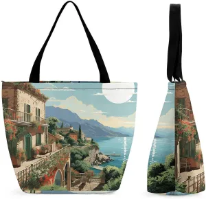 Tote Bags for Women Mediterranean Summer Versatile Shoulder Bag with Zipper Large Capacity Handbag Beach Bag Reusable Grocery Bag for Shopping Travel Commuting