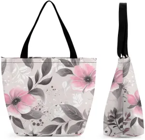 Tote Bags for Women Pink Flowers And Leaves on Gray Versatile Shoulder Bag with Zipper Large Capacity Handbag Beach Bag Reusable Grocery Bag for Shopping Travel Commuting
