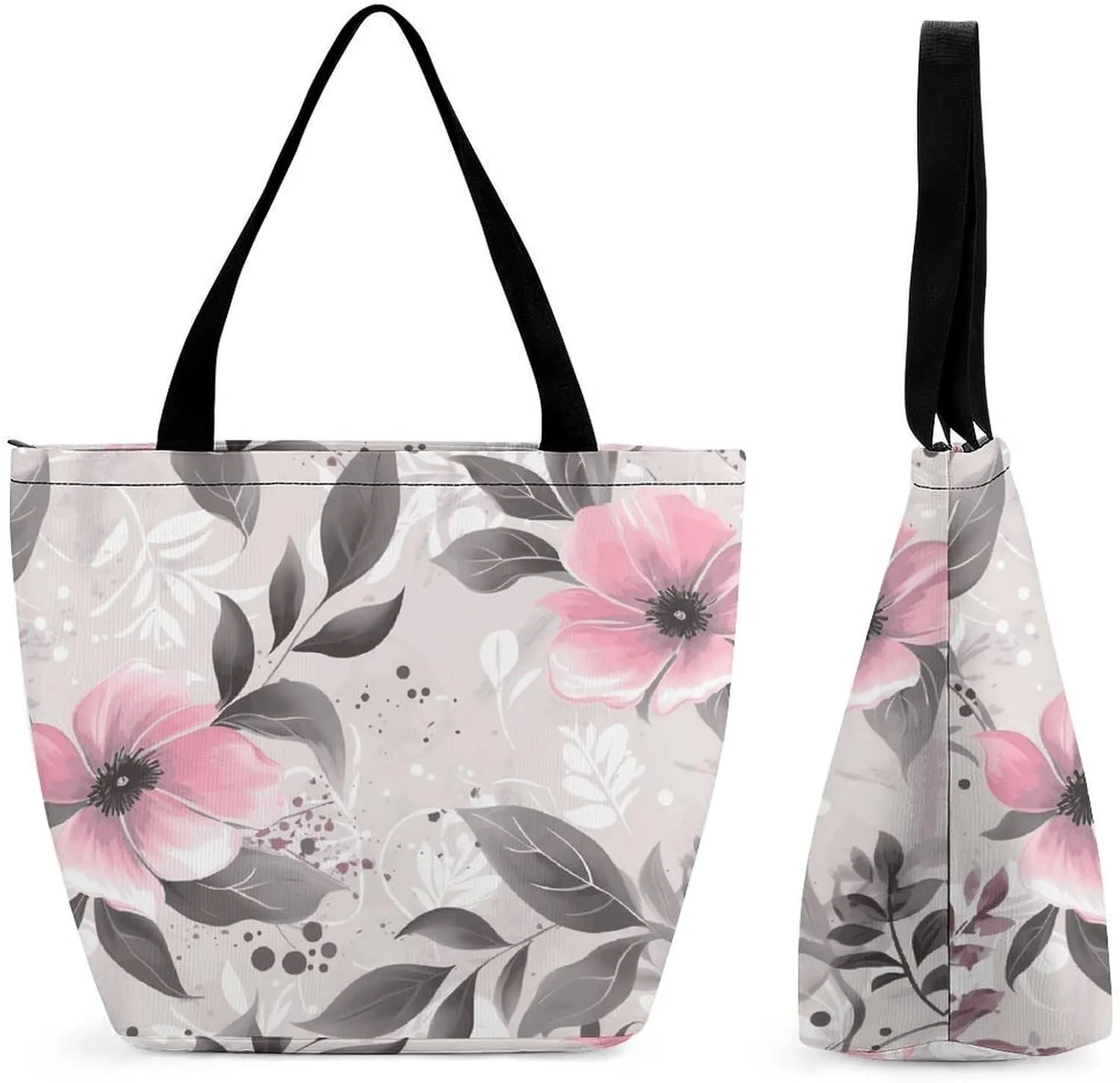 Tote Bags for Women Pink Flowers And Leaves on Gray Versatile Shoulder Bag with Zipper Large Capacity Handbag Beach Bag Reusable Grocery Bag for Shopping Travel Commuting
