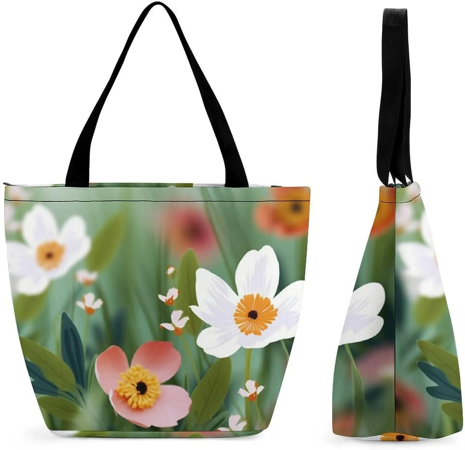 Tote Bags for Women Spring Flower Versatile Shoulder Bag with Zipper Large Capacity Handbag Beach Bag Reusable Grocery Bag for Shopping Travel Commuting