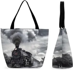 Tote Bags for Women Steam Train Clouds Versatile Shoulder Bag with Zipper Large Capacity Handbag Beach Bag Reusable Grocery Bag for Shopping Travel Commuting