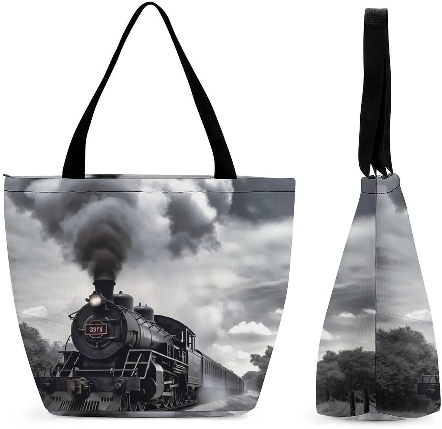 Tote Bags for Women Steam Train Clouds Versatile Shoulder Bag with Zipper Large Capacity Handbag Beach Bag Reusable Grocery Bag for Shopping Travel Commuting