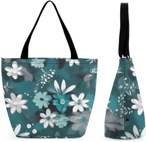 Tote Bags for Women Teal Grey And White Floral Versatile Shoulder Bag with Zipper Large Capacity Handbag Beach Bag Reusable Grocery Bag for Shopping Travel Commuting
