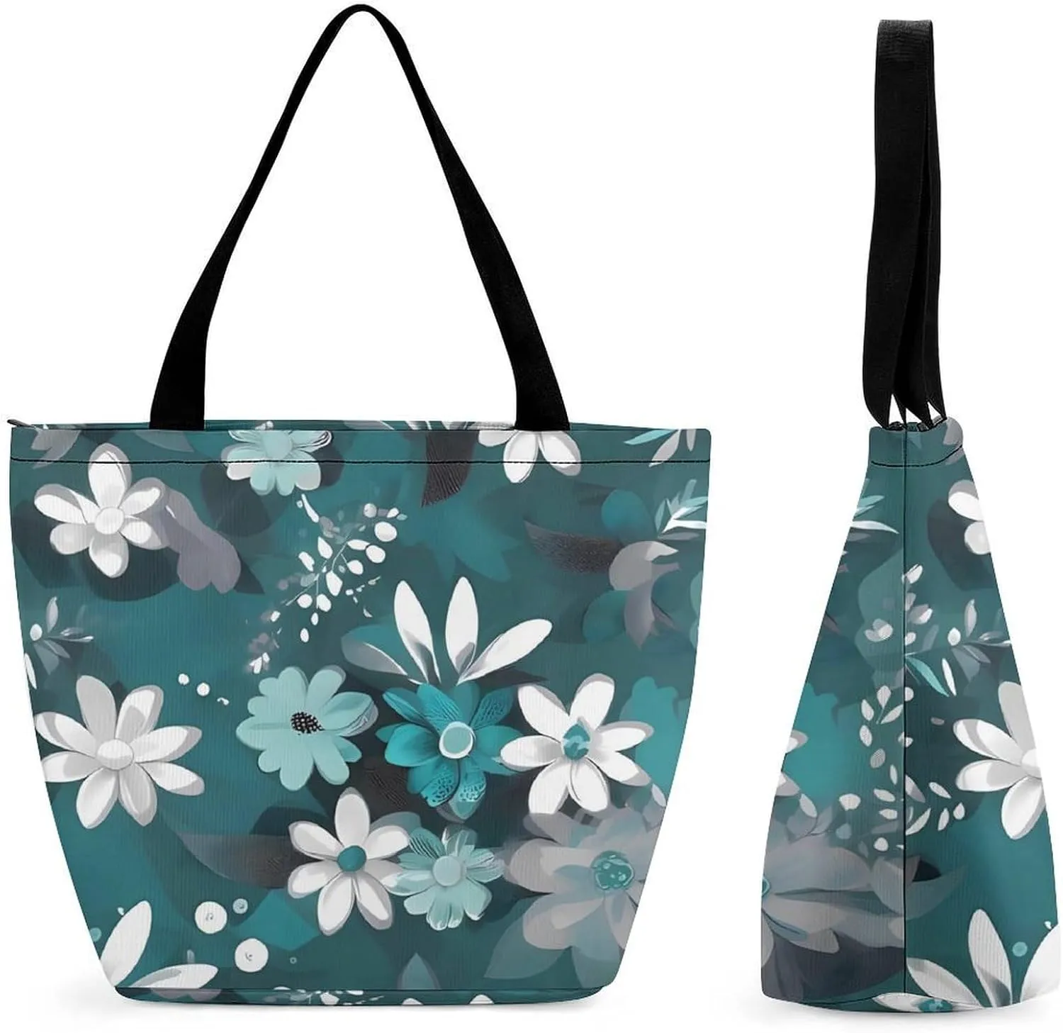 Tote Bags for Women Teal Grey And White Floral Versatile Shoulder Bag with Zipper Large Capacity Handbag Beach Bag Reusable Grocery Bag for Shopping Travel Commuting