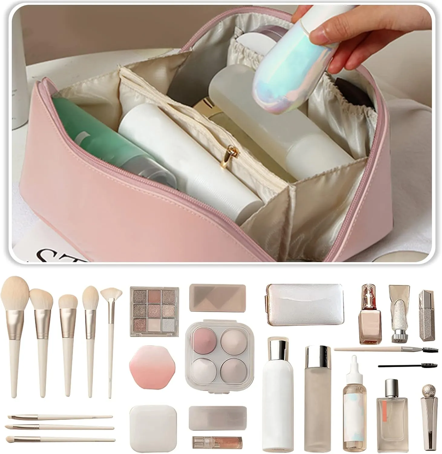 Travel Cosmetic Bag Make Up Bag with Handle and Zipper Multifunction Waterproof Toiletry Bag PU Travel Organiser Bag Wash Bag for Women Ladies Girls Black Middle