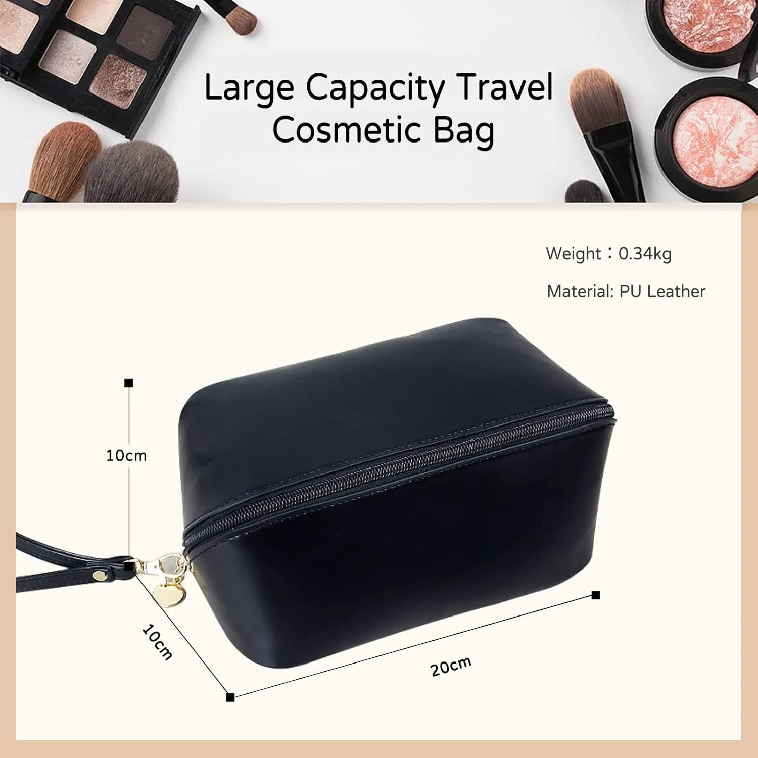 Travel Cosmetic Bag Make Up Bag with Handle and Zipper Multifunction Waterproof Toiletry Bag PU Travel Organiser Bag Wash Bag for Women Ladies Girls Black Middle