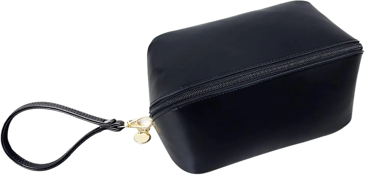 Travel Cosmetic Bag Make Up Bag with Handle and Zipper Multifunction Waterproof Toiletry Bag PU Travel Organiser Bag Wash Bag for Women Ladies Girls Black Middle