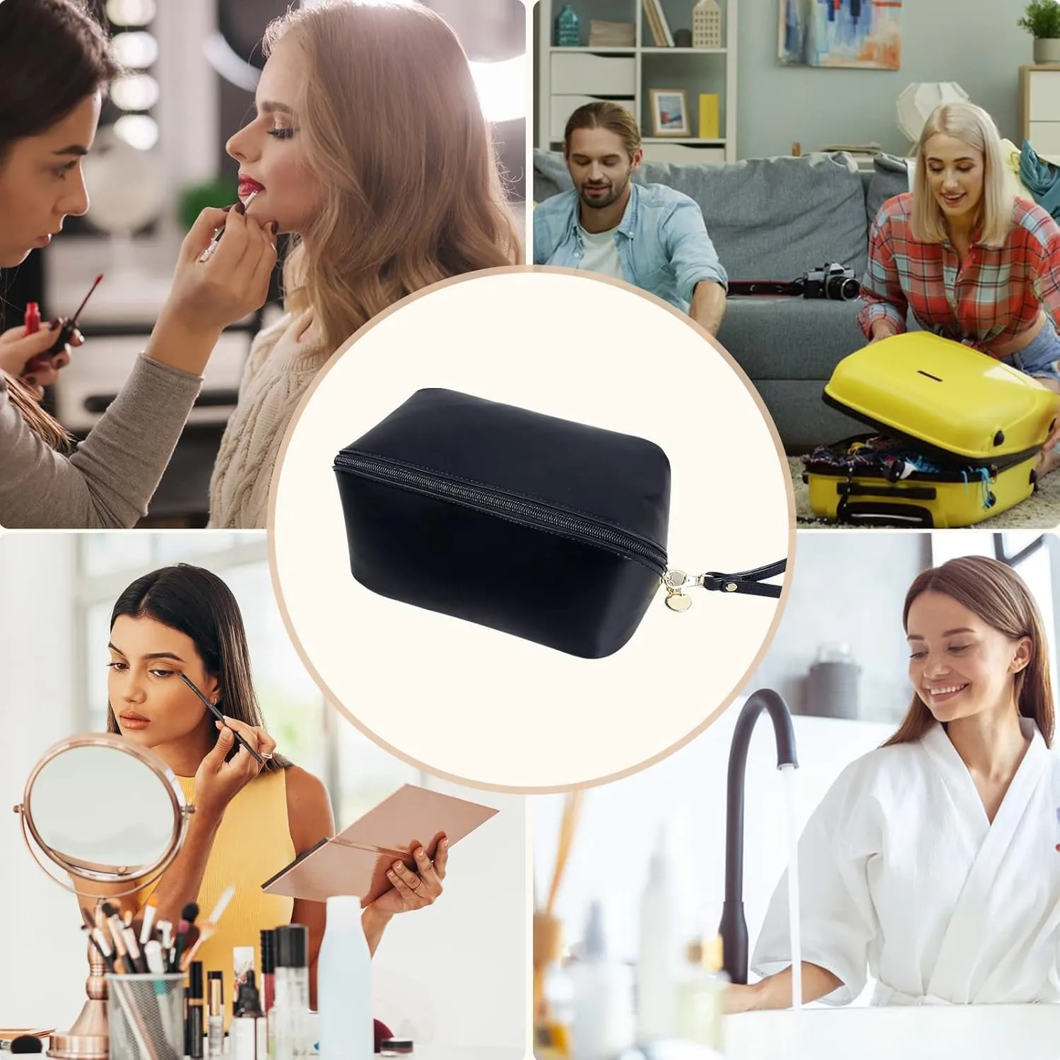Travel Cosmetic Bag Make Up Bag with Handle and Zipper Multifunction Waterproof Toiletry Bag PU Travel Organiser Bag Wash Bag for Women Ladies Girls Black Middle