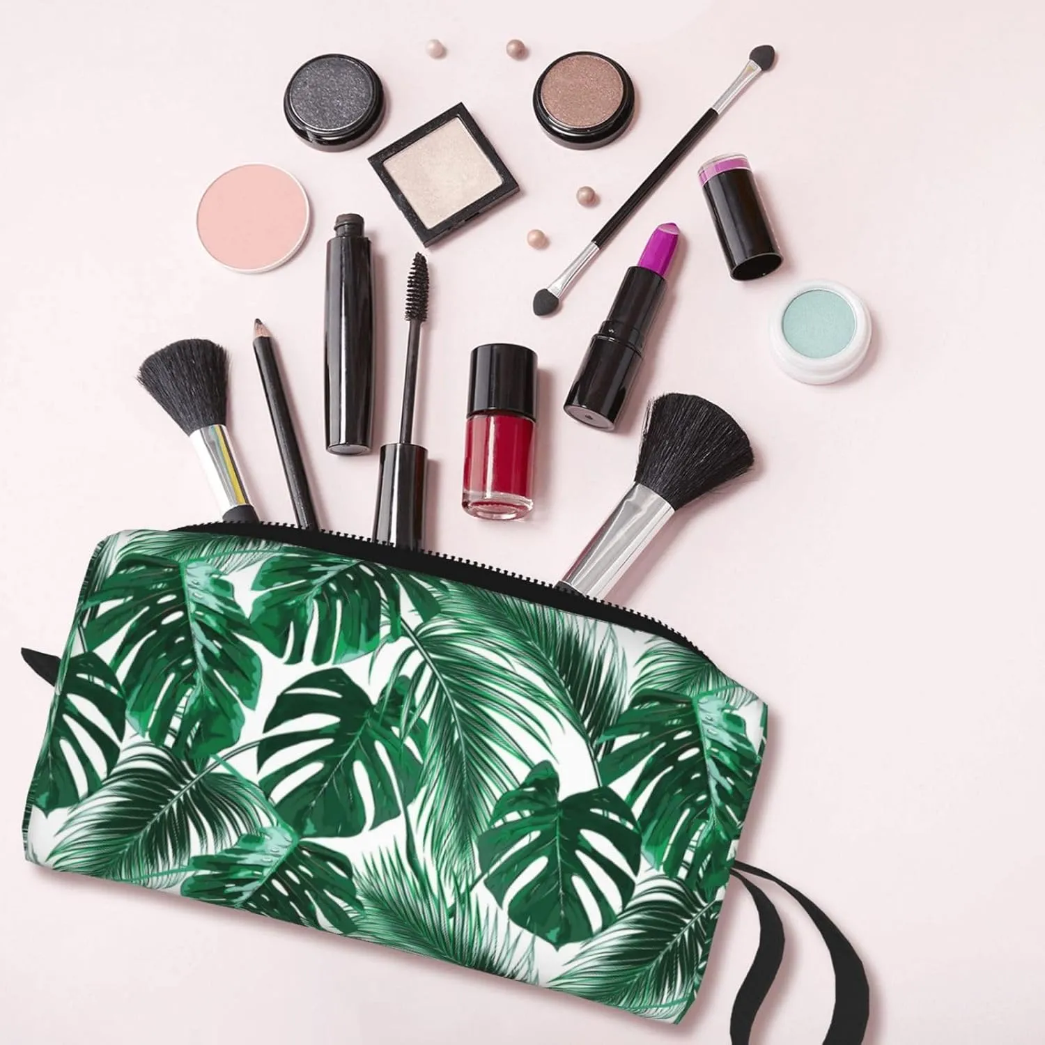 Tropical Monstera & Palm Leaf Makeup Bag Organizer Small Cosmetic Bags Compact Durable Oxford Fabric Multi-Purpose Storage Perfect for Travel, Gym, Daily Use