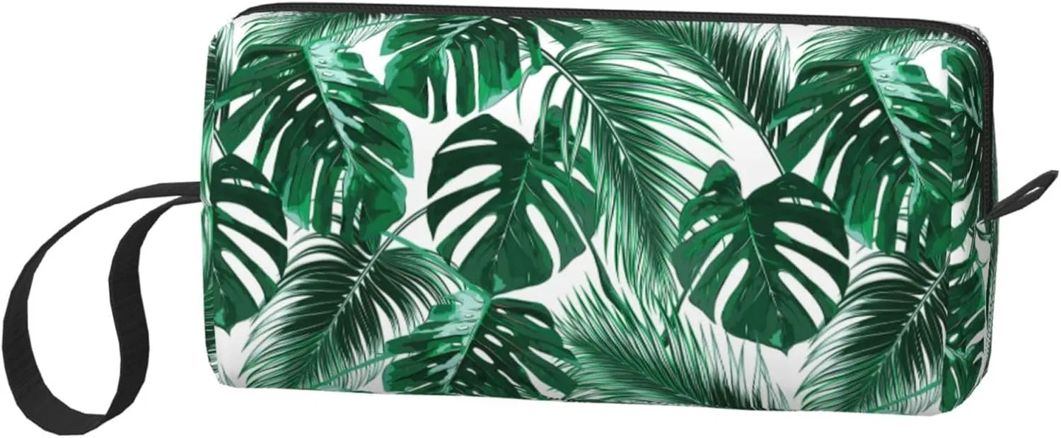 Tropical Monstera & Palm Leaf Makeup Bag Organizer Small Cosmetic Bags Compact Durable Oxford Fabric Multi-Purpose Storage Perfect for Travel, Gym, Daily Use