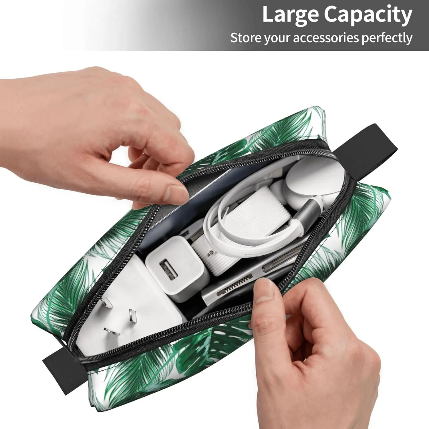 Tropical Monstera & Palm Leaf Makeup Bag Organizer Small Cosmetic Bags Compact Durable Oxford Fabric Multi-Purpose Storage Perfect for Travel, Gym, Daily Use
