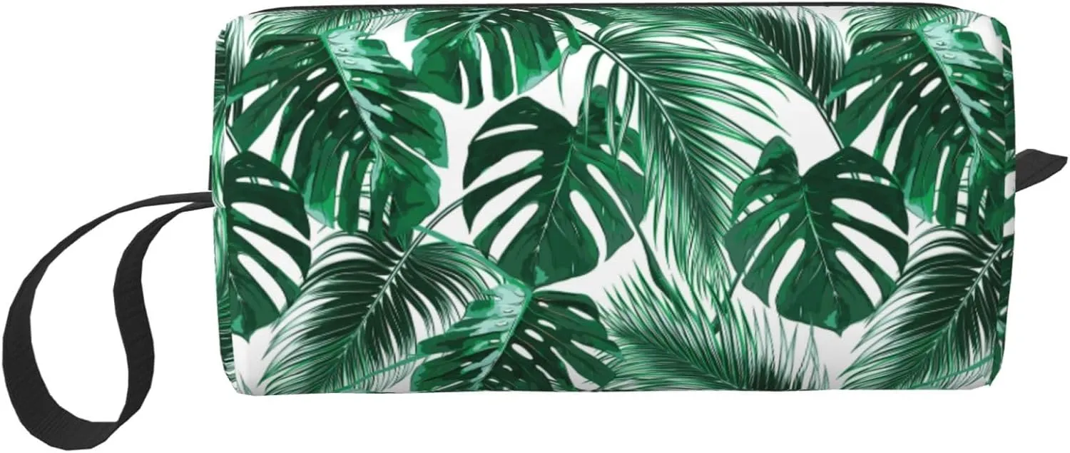 Tropical Monstera & Palm Leaf Makeup Bag Organizer Small Cosmetic Bags Compact Durable Oxford Fabric Multi-Purpose Storage Perfect for Travel, Gym, Daily Use