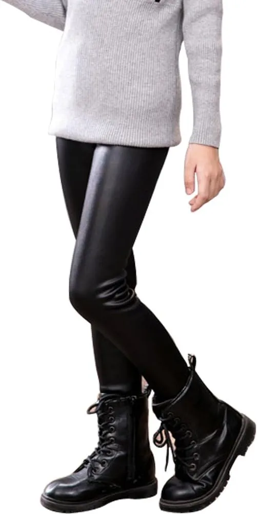 Tulucky Girls Winter Warm Pants Thick Fleece Lined Faux Leather Stretchy Teens Leggings