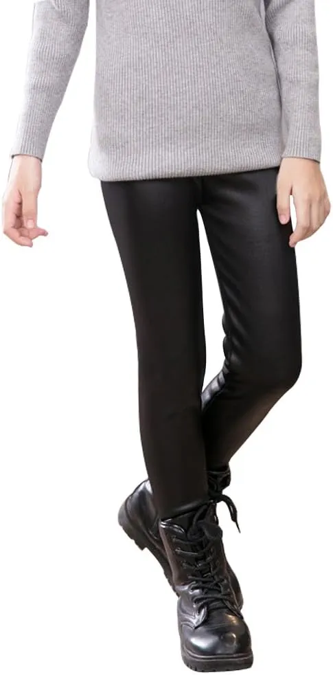 Tulucky Girls Winter Warm Pants Thick Fleece Lined Faux Leather Stretchy Teens Leggings
