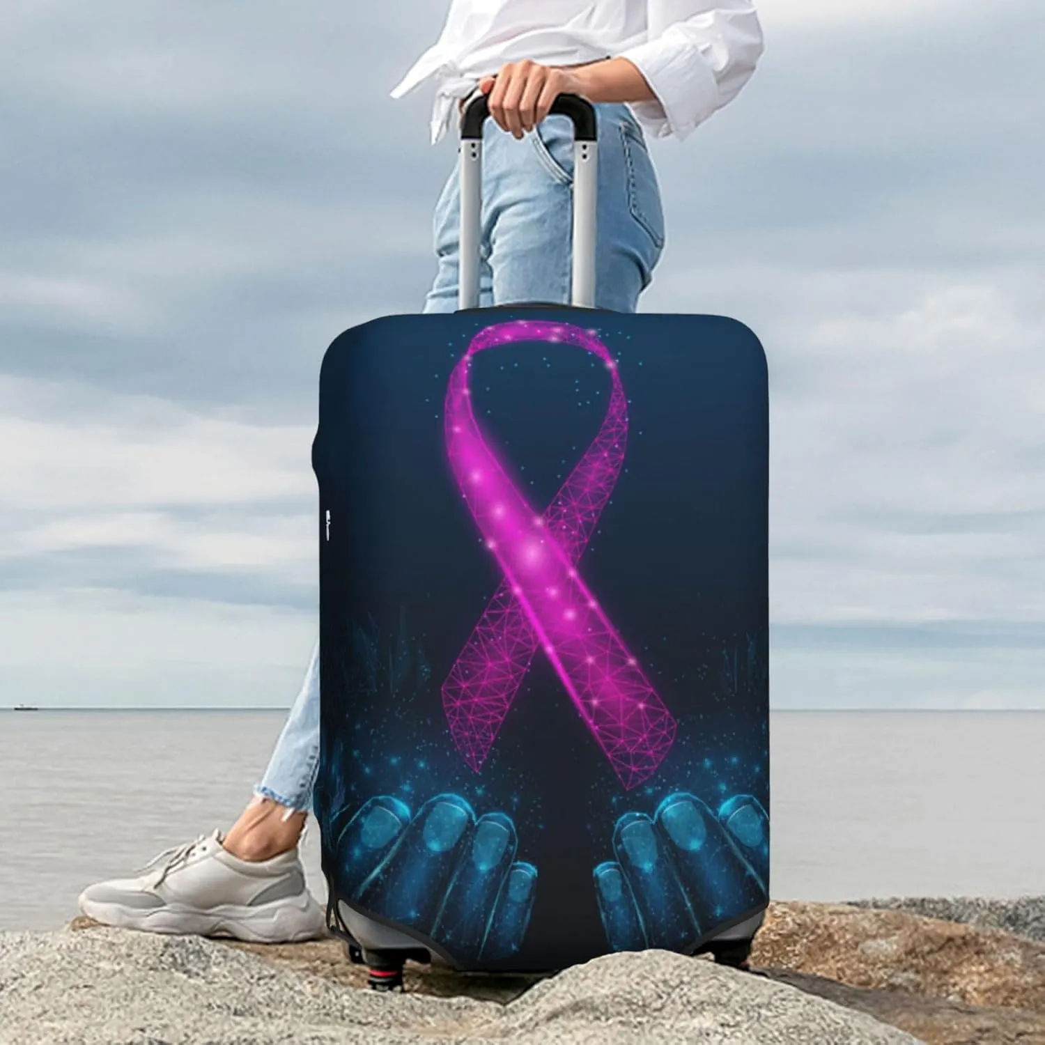 Two Human Hands Are Holds Pink Ribbon Awareness Luggage Cover,Washable Suitcase Covers Fashion Luggage Covers,Anti-Scratch Suitcase Protector Cover