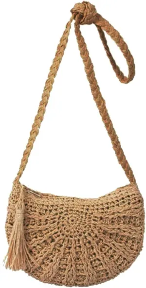 VALICLUD Handmade Semicircle Straw Bag Woven Beach Bag Tassel Light Brown Zipper Closure Versatile for Occasions