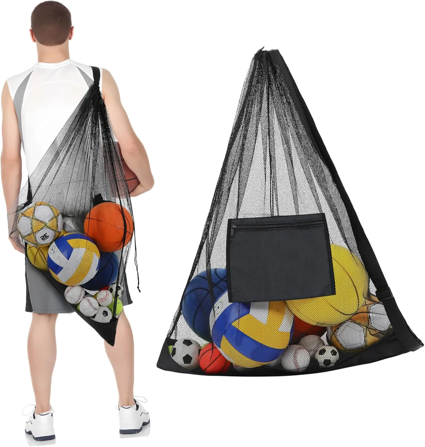VICASKY Large Ball Net Bag Sports Duffel Bag for Team Rugby Ball Carrier Soccer Mesh Storage Drawstring Zippered Pocket