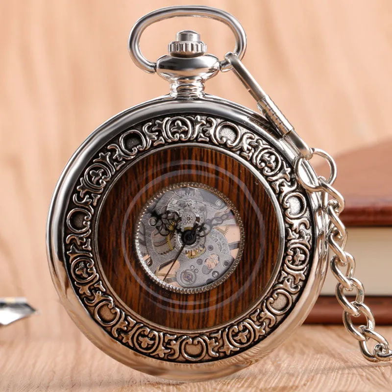 Vintage Wood Mechanical Pocket Watch Roman Numerals Creative Carving Flower Dial Wooden Watches Pendant Chain Women Men Gifts