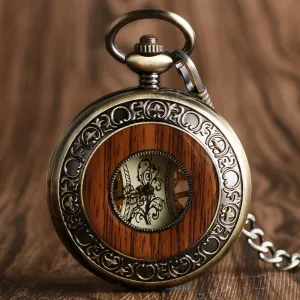Vintage Wood Mechanical Pocket Watch Roman Numerals Creative Carving Flower Dial Wooden Watches Pendant Chain Women Men Gifts