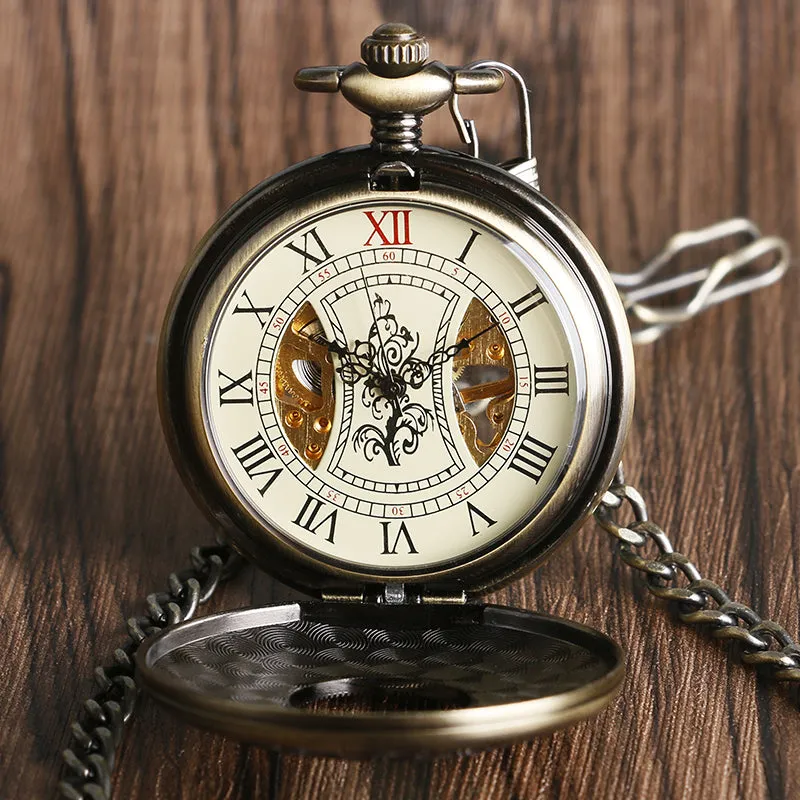 Vintage Wood Mechanical Pocket Watch Roman Numerals Creative Carving Flower Dial Wooden Watches Pendant Chain Women Men Gifts
