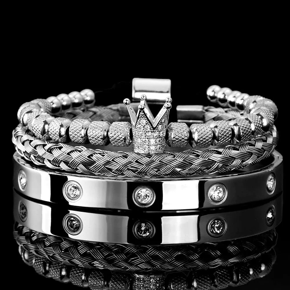 WFYOU 3PCS Stainless Steel Imperial Crown Bracelets for Men Gold Roman Numeral Bangle Bracelet Adjustable Cuff Bracelet Mens Luxury Jewelry Gifts