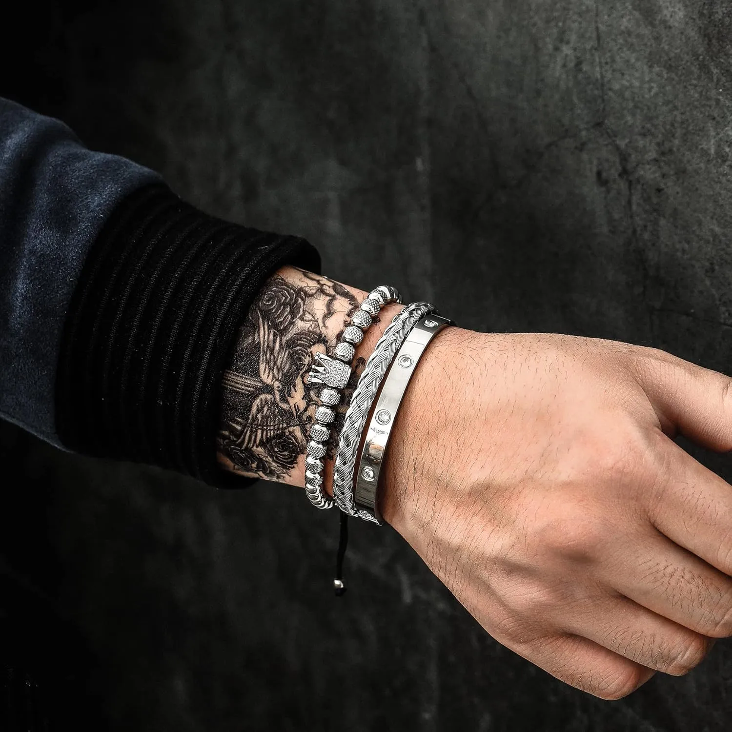 WFYOU 3PCS Stainless Steel Imperial Crown Bracelets for Men Gold Roman Numeral Bangle Bracelet Adjustable Cuff Bracelet Mens Luxury Jewelry Gifts
