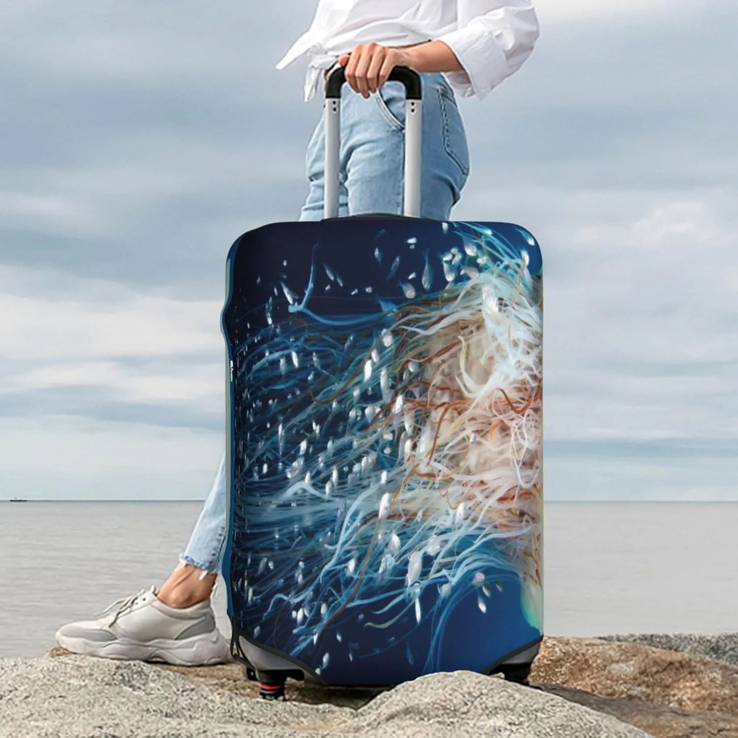 White Jellyfish Dansing In The Ocean Luggage Cover,Washable Suitcase Covers Fashion Luggage Covers,Anti-Scratch Suitcase Protector Cover