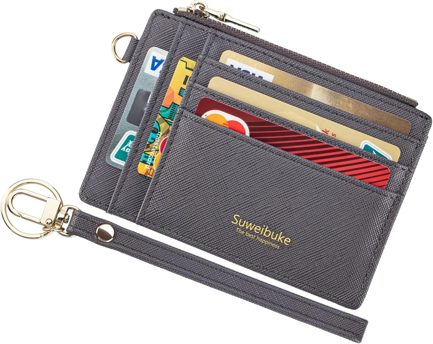 Wikavanli Women Slim Rfid Blocking Credit Card Case Holder Wristlet Zip ID Case Wallet Small Compact Leather Wallet Coin Purse with Keychain (Gray a)