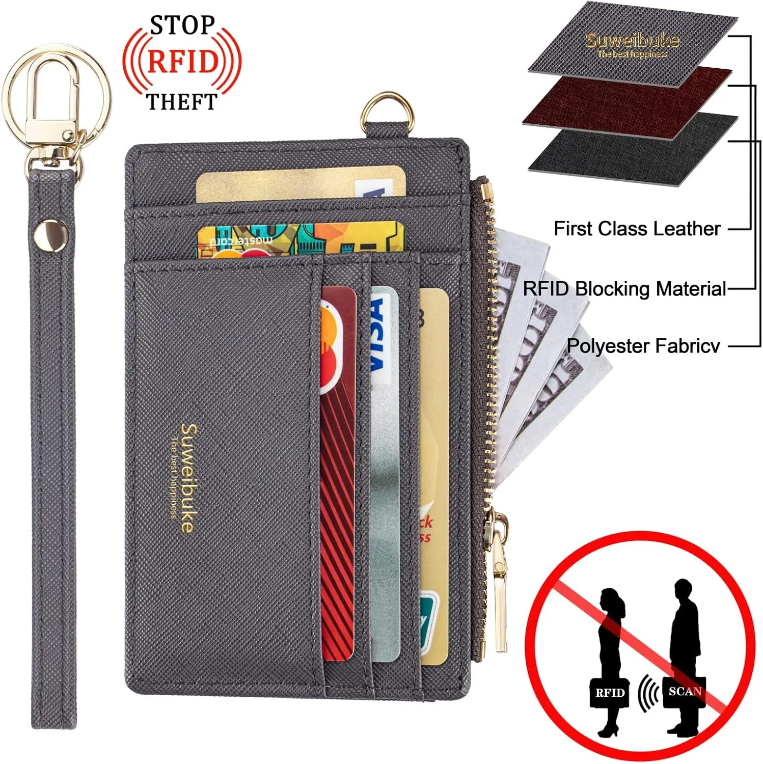 Wikavanli Women Slim Rfid Blocking Credit Card Case Holder Wristlet Zip ID Case Wallet Small Compact Leather Wallet Coin Purse with Keychain (Gray a)