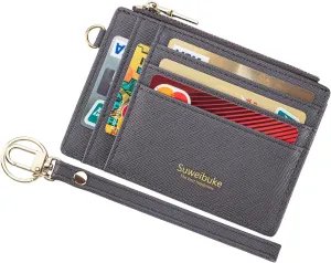 Wikavanli Women Slim Rfid Blocking Credit Card Case Holder Wristlet Zip ID Case Wallet Small Compact Leather Wallet Coin Purse with Keychain (Gray a)